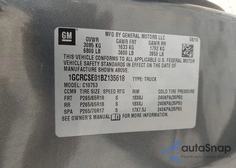 2011 Chevrolet Silverado 1500 Lt из США, поврежденный, VIN 1GCRCSE01BZ135618